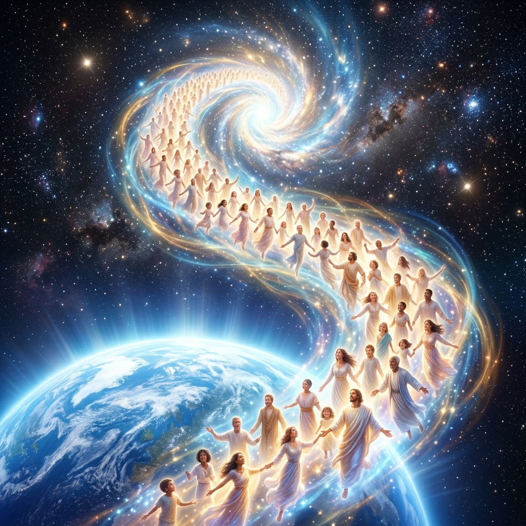 People in white robes ascending from Earth into a swirling galaxy in space