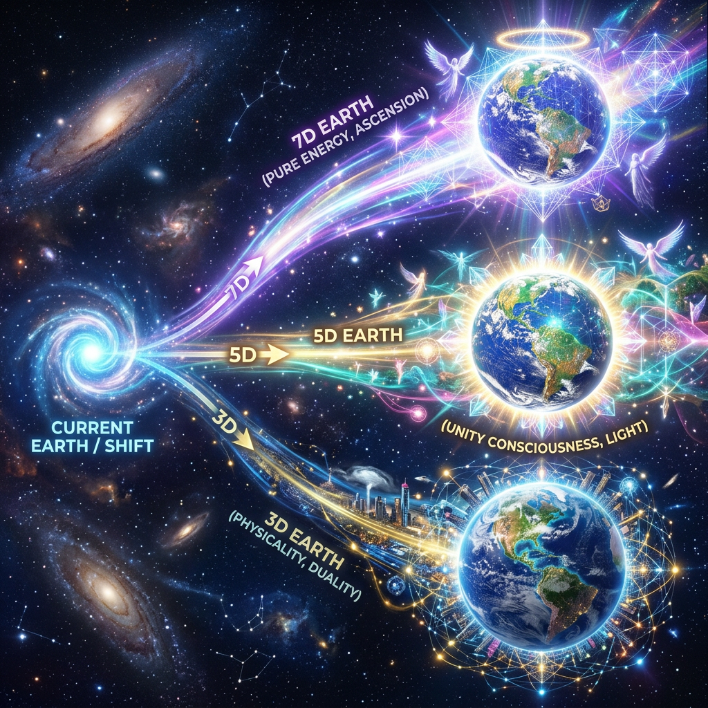 Diagram showing Earth evolving from 3D physical reality through 5D unity consciousness to 7D pure energy ascension.