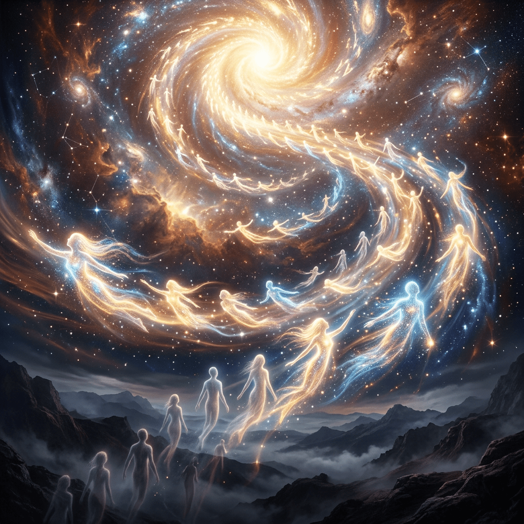 Transparent glowing human figures ascending from mountain landscape into a luminous spiral galaxy in starry sky