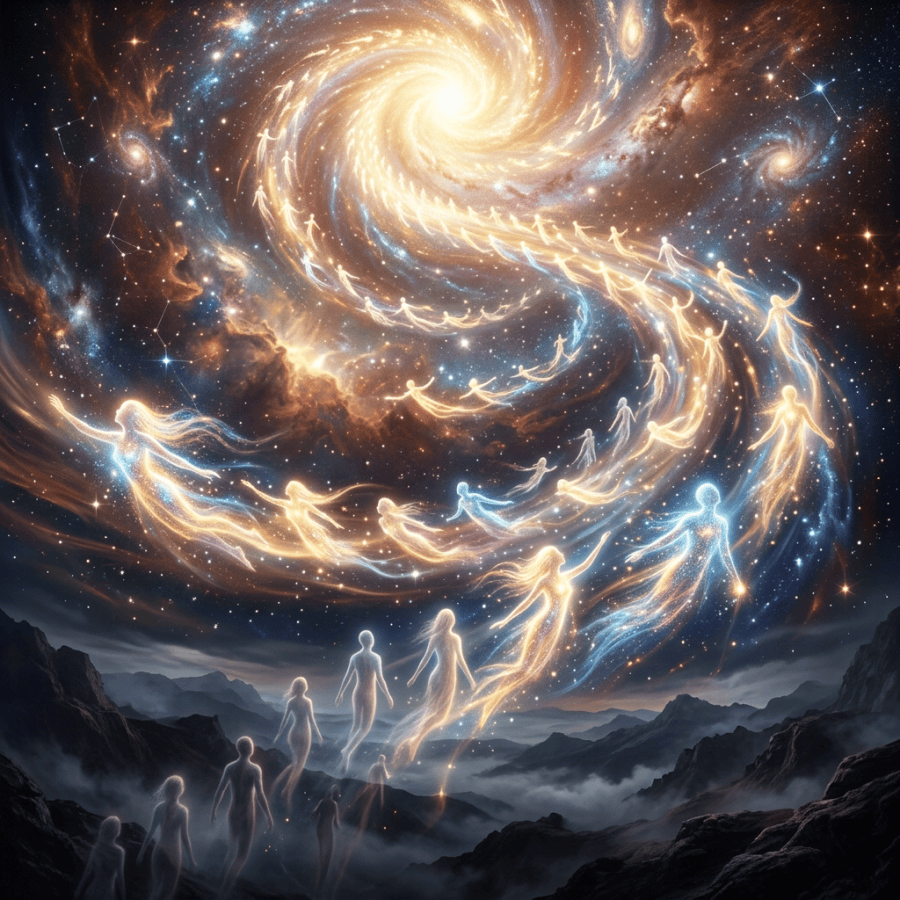 Transparent glowing human figures ascending from mountain landscape into a luminous spiral galaxy in starry sky