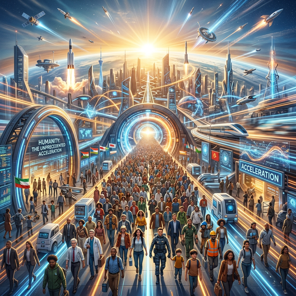 Large diverse crowd walking through futuristic tunnel toward city and sunrise symbolizing human acceleration