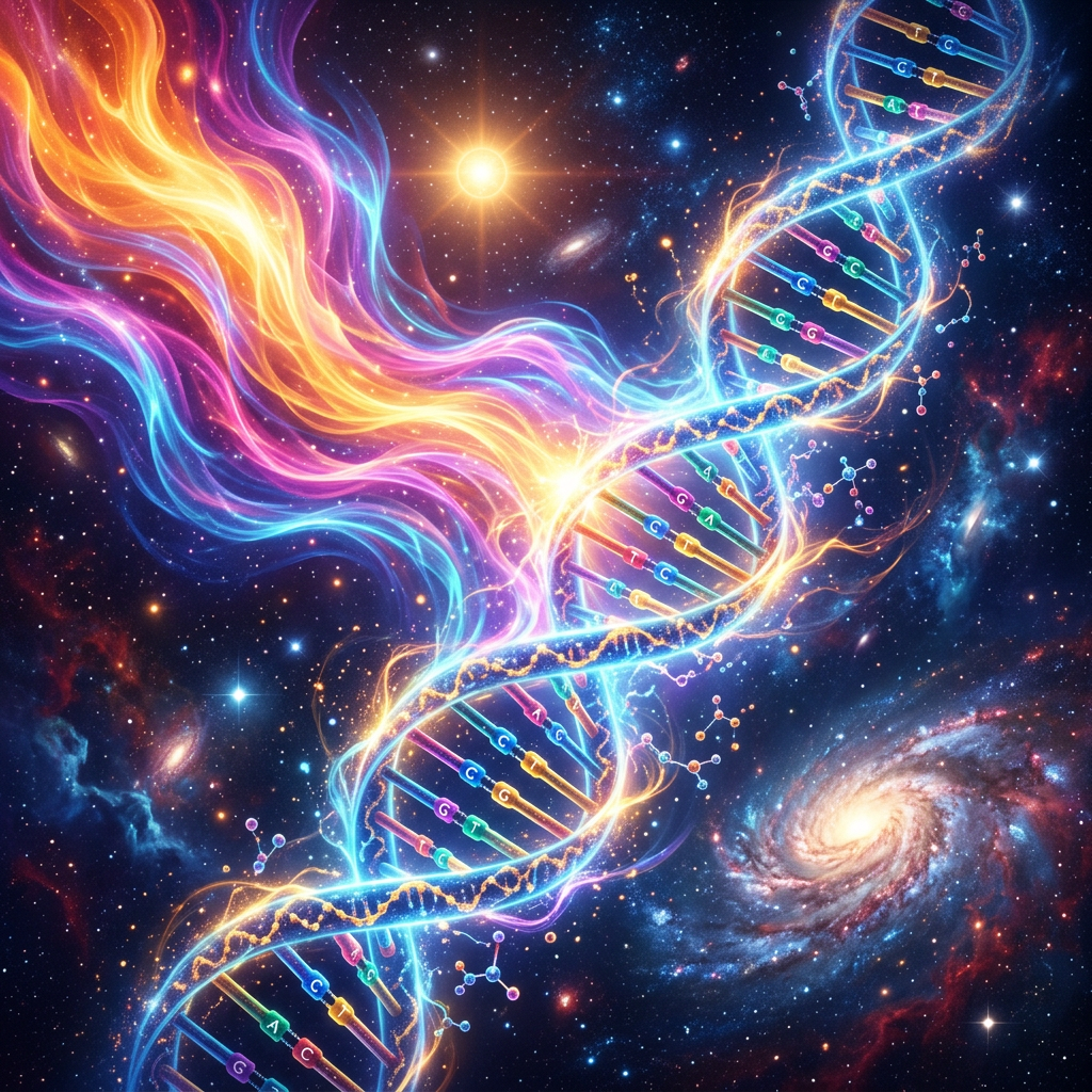 Glowing DNA double helix with colorful cosmic energy streams and galaxy background