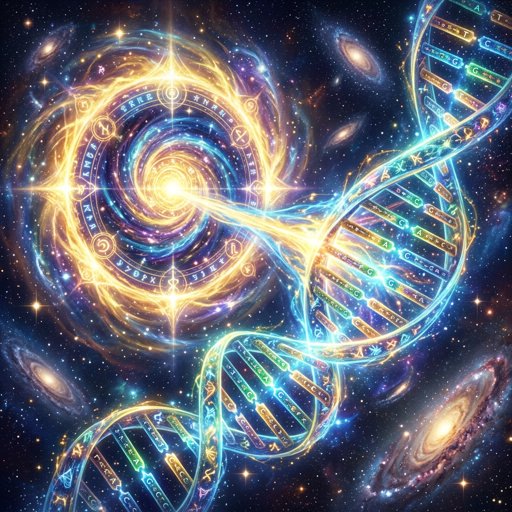 Glowing DNA double helix linked to a swirling cosmic spiral with mystical symbols