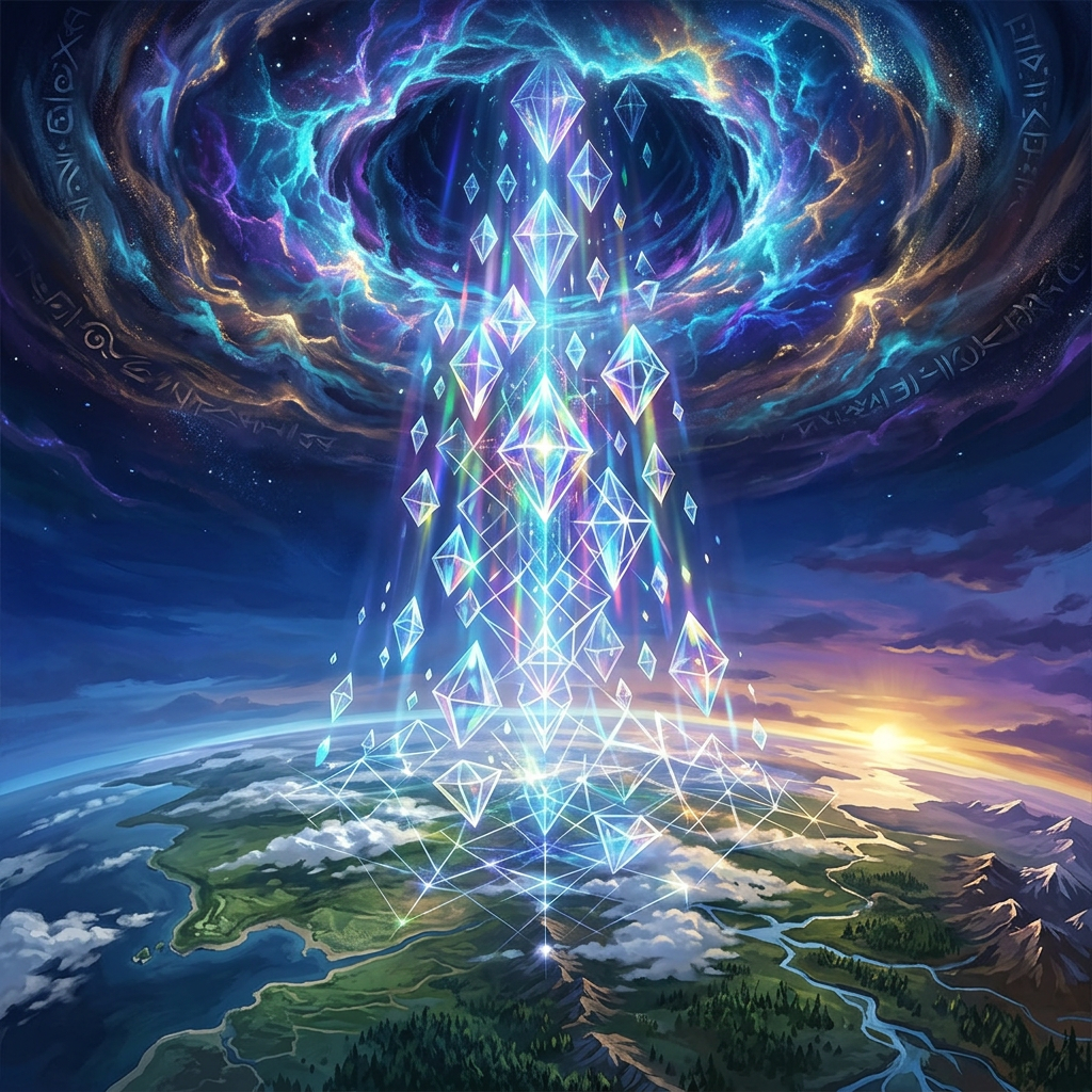 Glowing crystalline structures rising from earth towards a vibrant cosmic vortex