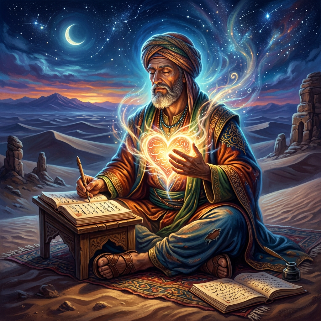 An elder scholar in traditional robes sitting on a rug in a desert at night, writing beside open books, holding a glowing magical heart.