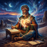 An elder scholar in traditional robes sitting on a rug in a desert at night, writing beside open books, holding a glowing magical heart.