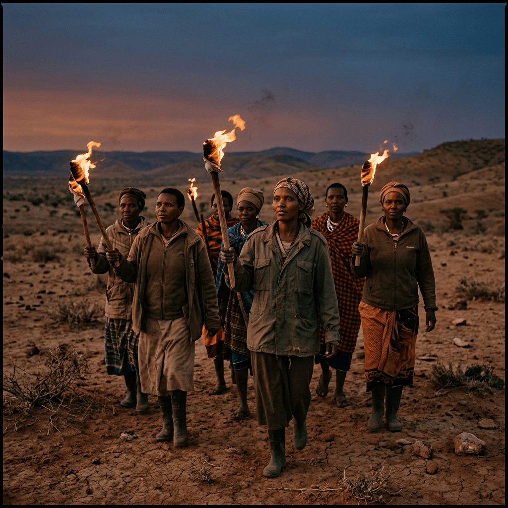 Seven women in traditional and modern clothing hold lit torches walking on cracked earth at dusk.