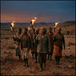 Seven women in traditional and modern clothing hold lit torches walking on cracked earth at dusk.