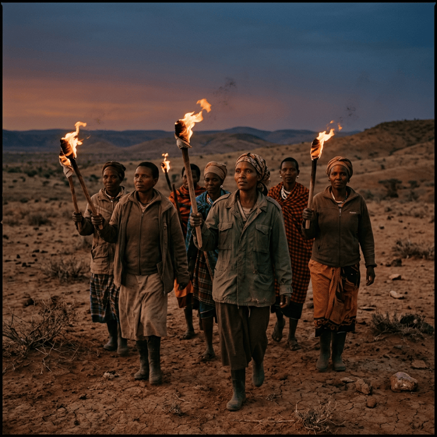 Seven women in traditional and modern clothing hold lit torches walking on cracked earth at dusk.