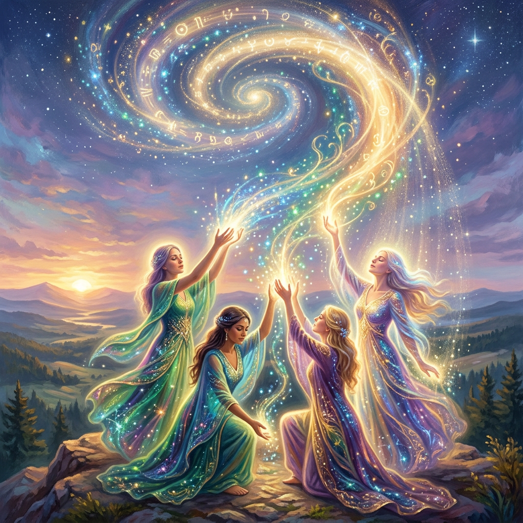 Four women in flowing, colorful robes raising hands to channel swirling cosmic magic with stars and symbols above them at sunset on a mountain