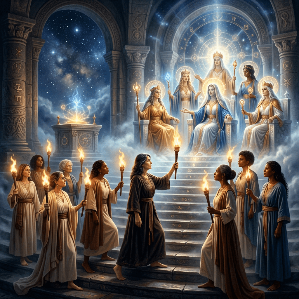 Divine council guiding women with sacred torches