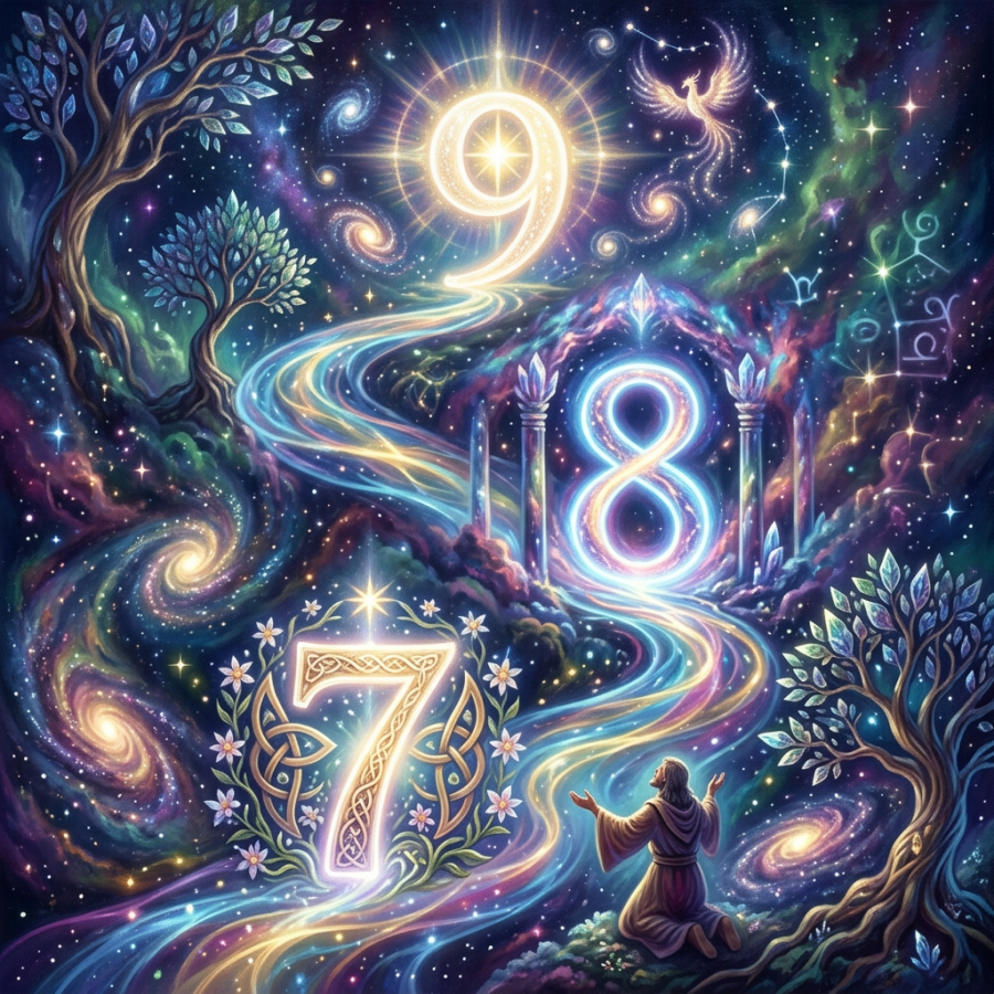Figure kneeling under glowing numbers 7, 8, and 9 in a cosmic landscape