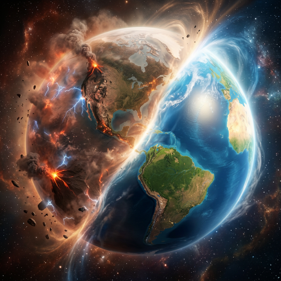 Earth split into two halves, one side showing volcanic eruptions and destruction, the other side showing lush green and blue vibrant nature