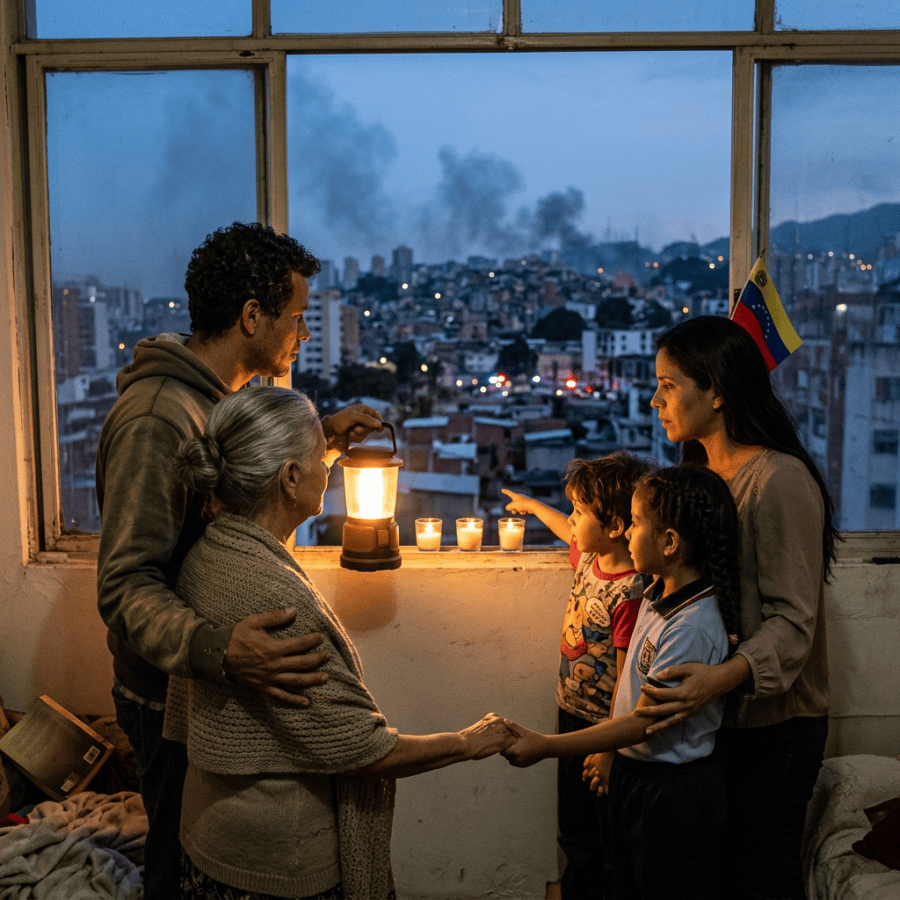 Family holding candles and lantern inside apartment with smoky cityscape outside at dusk