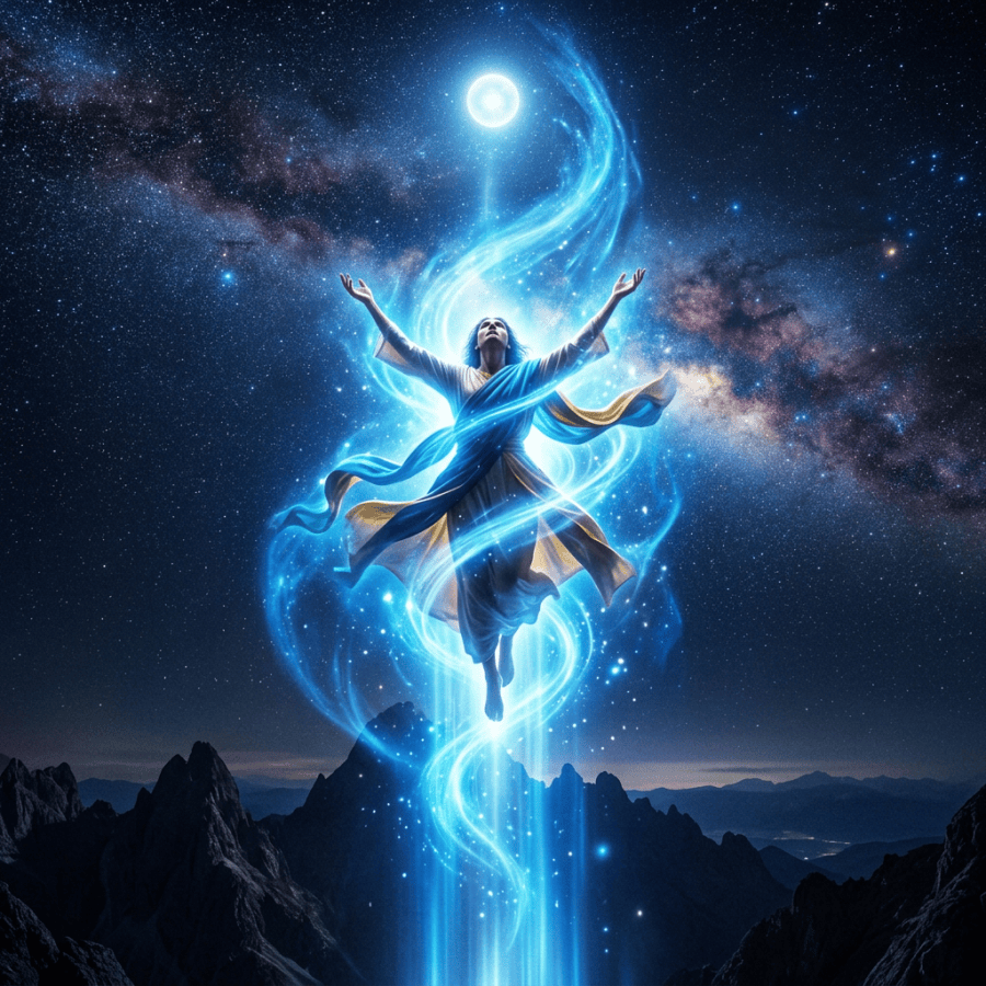 Person levitating upward surrounded by blue light energy under starry night sky