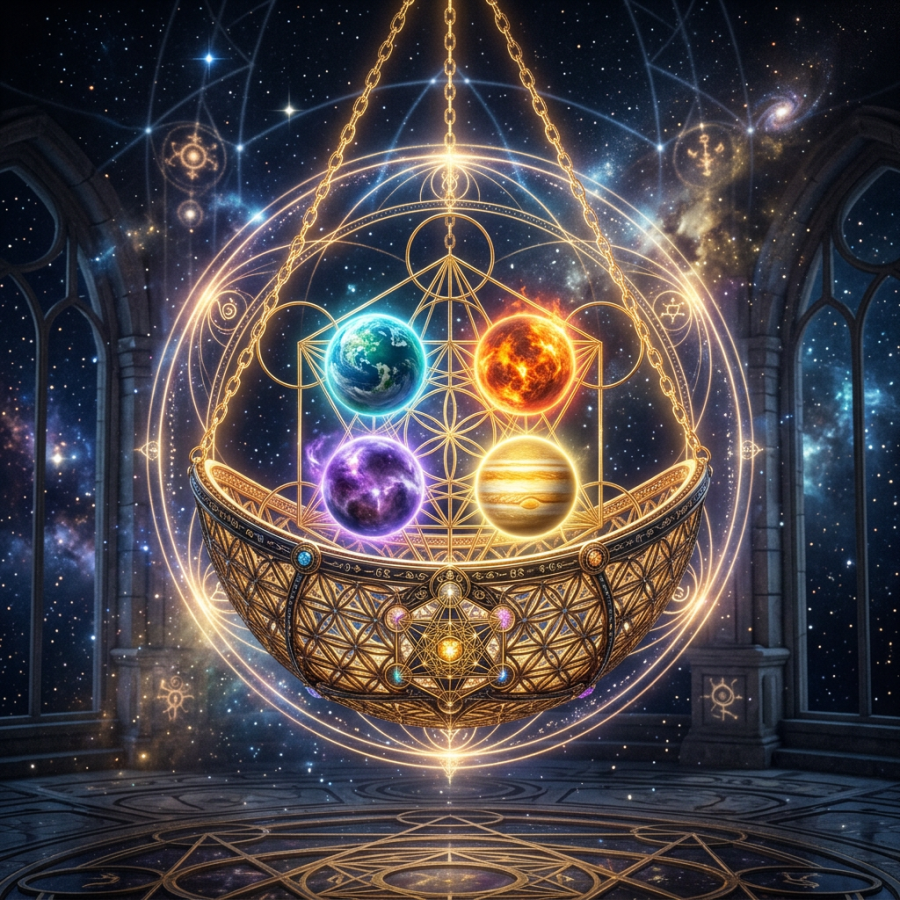 Sacred geometric cradle with four luminous planets