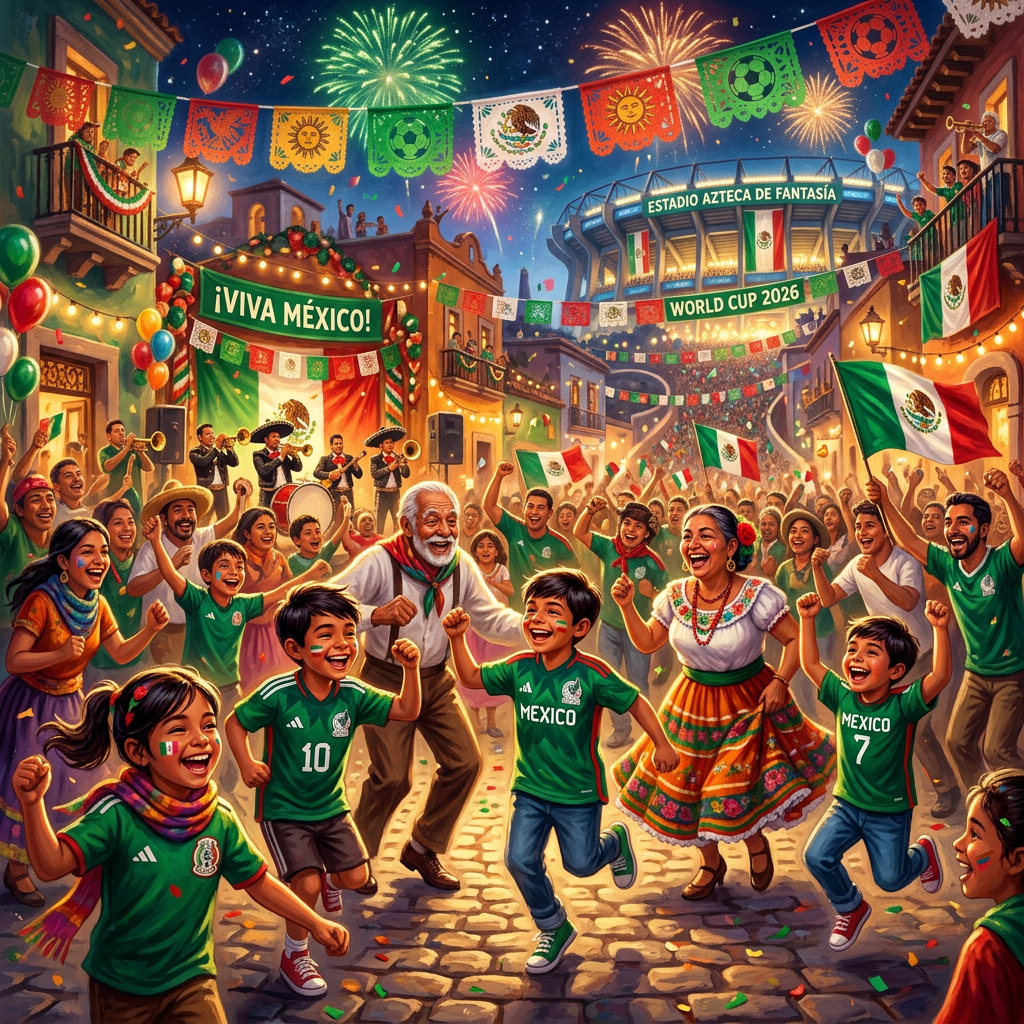 Crowd of people celebrating with Mexican flags, dancing, and fireworks during World Cup 2026 festivities