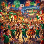 Crowd of people celebrating with Mexican flags, dancing, and fireworks during World Cup 2026 festivities