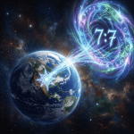 Energy beam linking Earth to glowing rune circle with number 7:7 in space