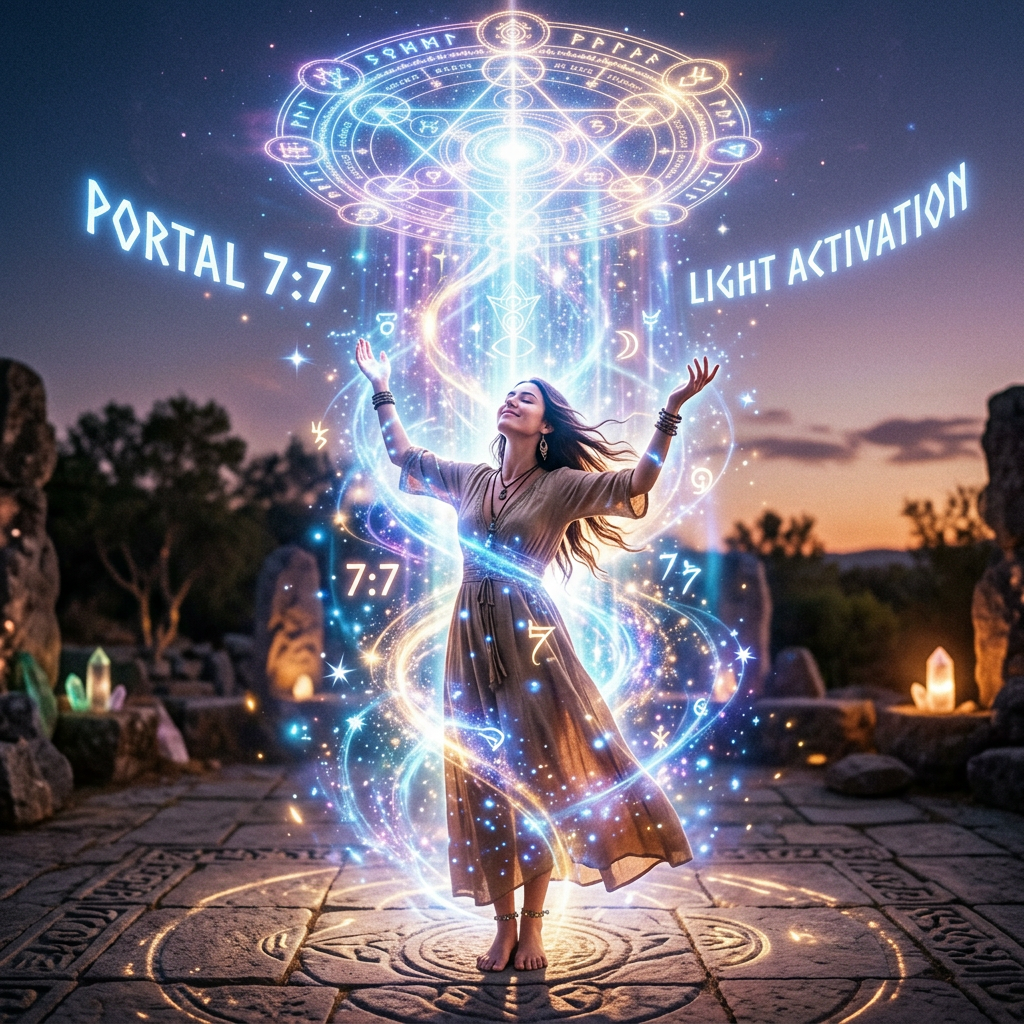 Woman barefoot on patterned stone floor surrounded by glowing magical symbols and light beams at dusk