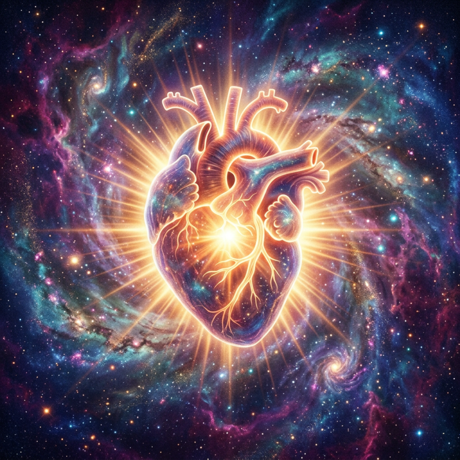 An anatomical heart glowing with radiant light surrounded by a vibrant galaxy with stars and nebulae.