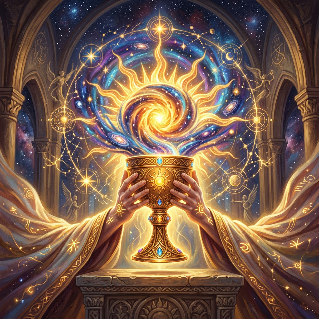 Hands holding an ornate chalice emitting swirling cosmic energy surrounded by angelic figures and celestial symbols.