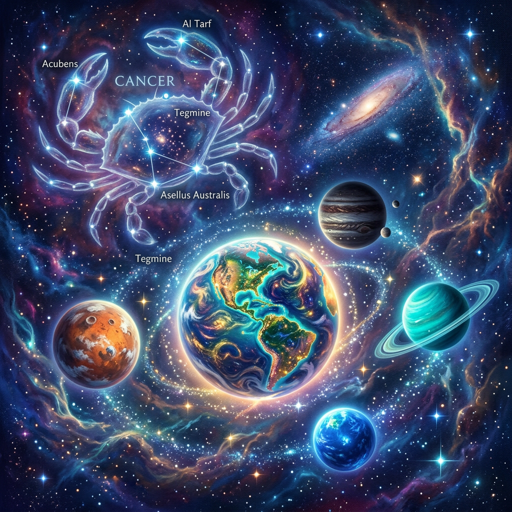 Cancer constellation outlined with star names above Earth and surrounding planets in vibrant space scene
