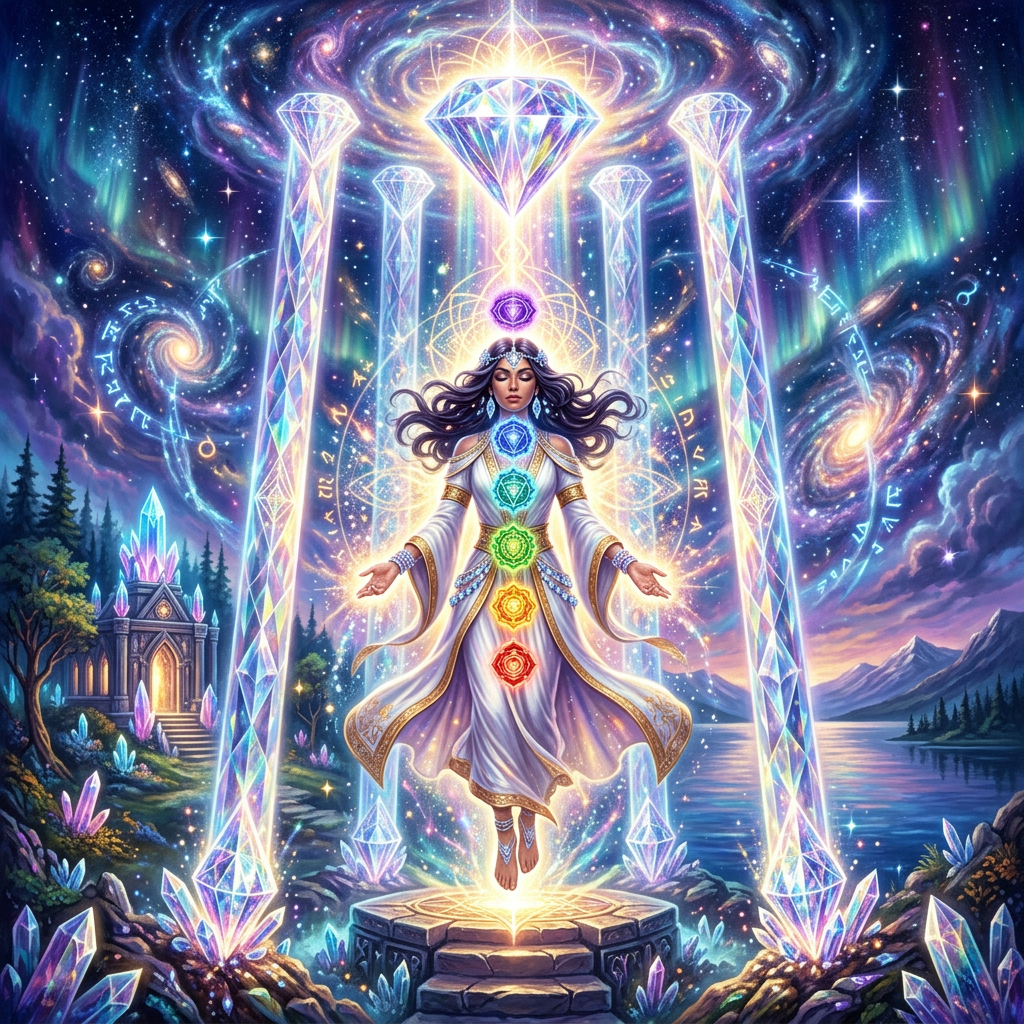 Woman levitating with glowing chakras along her body, cosmic backdrop and crystal pillars
