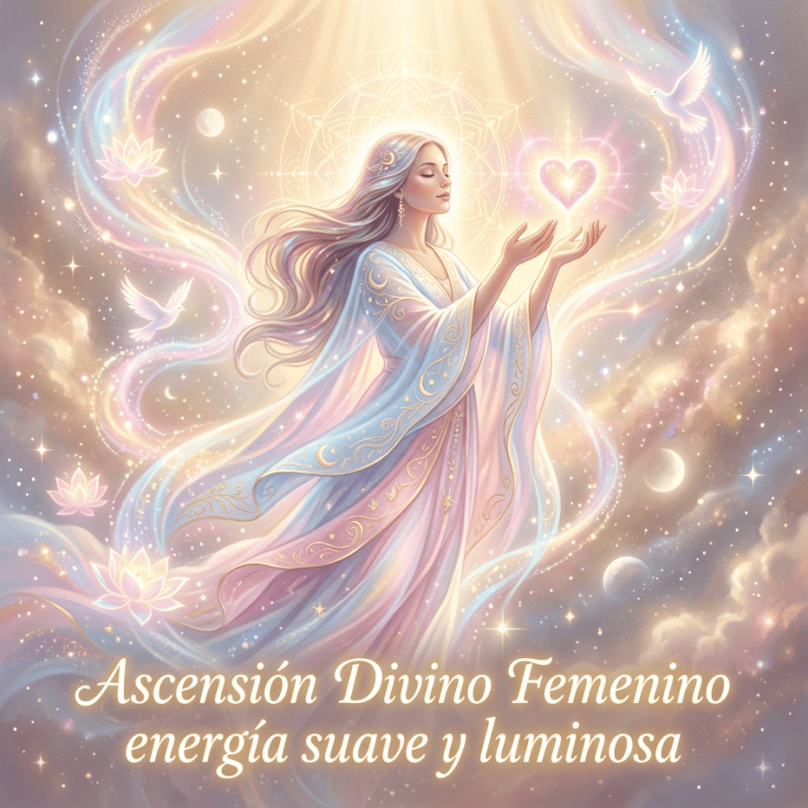 A glowing woman in flowing robes holds a radiant heart surrounded by swirling light, doves, stars, and lotus flowers