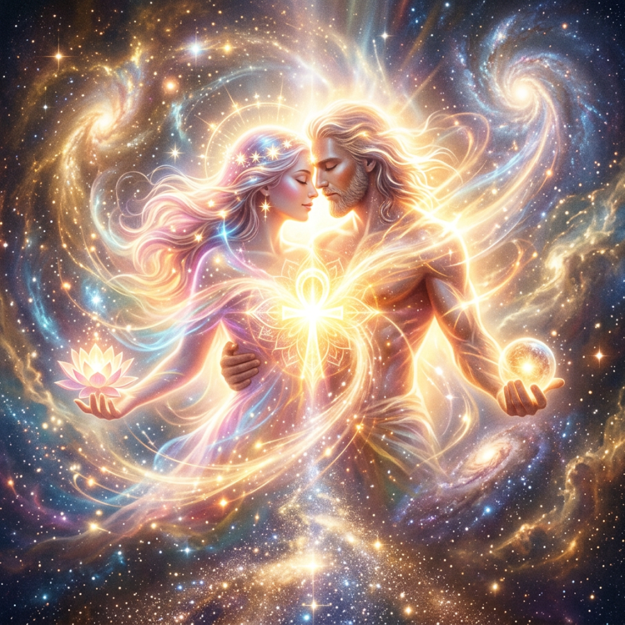 A glowing man and woman in an ethereal cosmic background holding a lotus and glowing orb