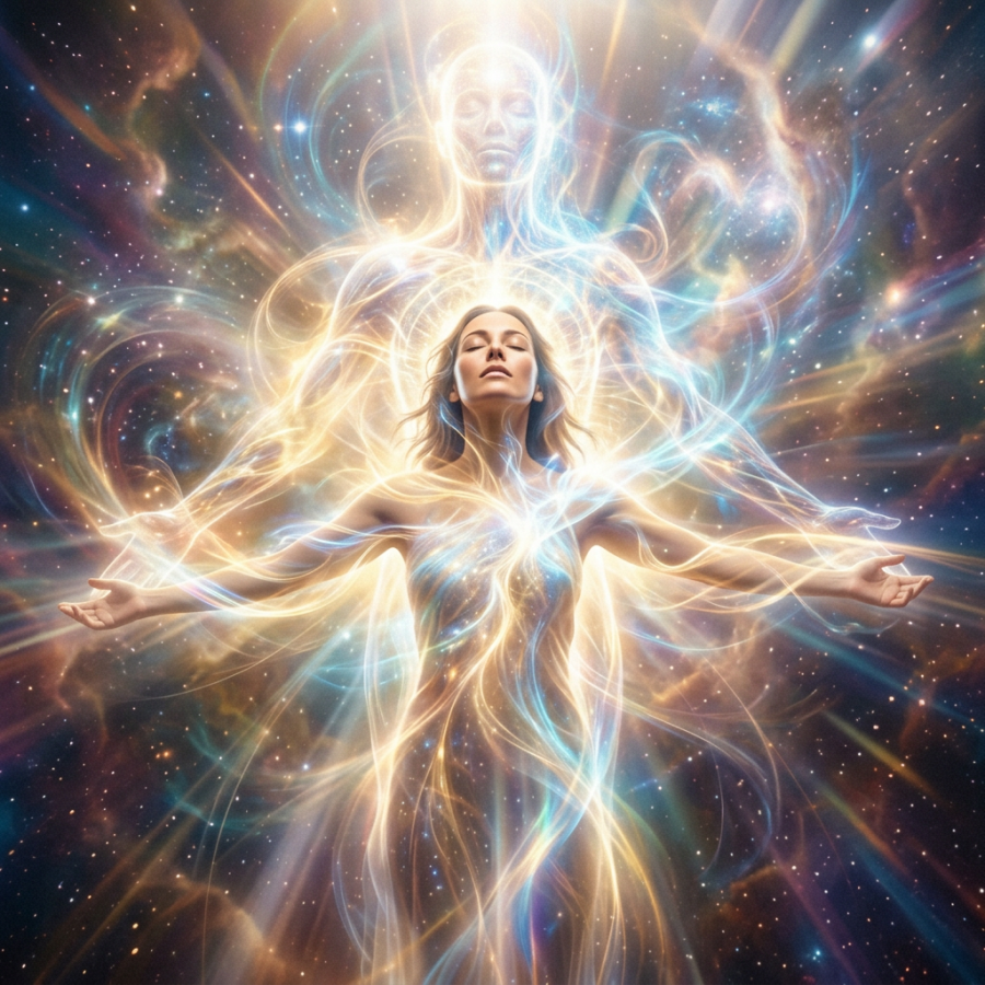 Woman with arms outstretched, enveloped in glowing ethereal energy and cosmic light
