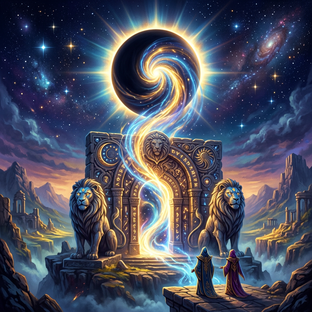 Two robed figures in front of an ornate stone portal with glowing celestial energy swirling upward, flanked by two stone lions, under a starry sky with galaxies.