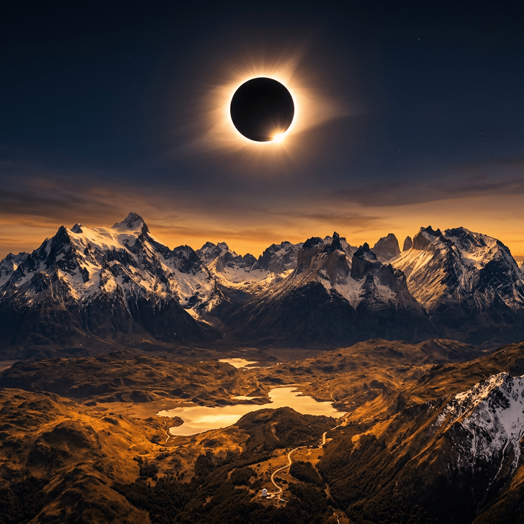 Total solar eclipse with glowing corona over snowy mountain range at sunset