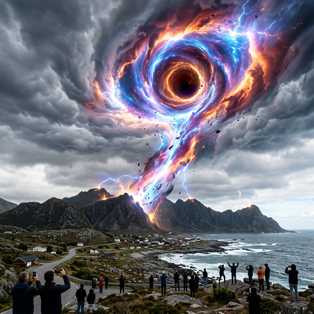 Glowing blue and orange cosmic vortex swirling above coastal mountains with spectators watching