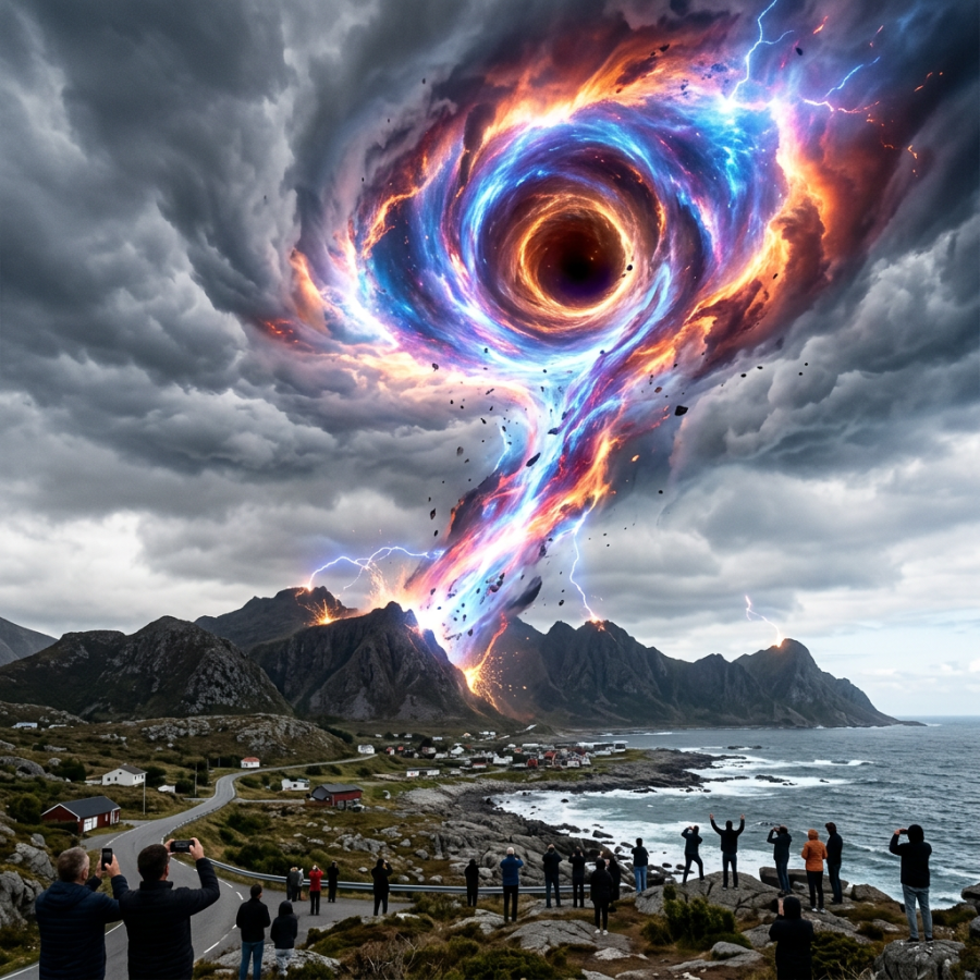 Glowing blue and orange cosmic vortex swirling above coastal mountains with spectators watching
