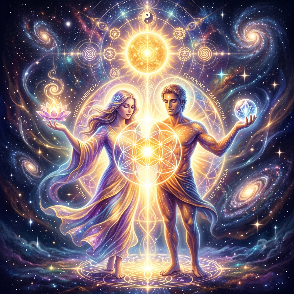 A glowing woman and man standing together with cosmic patterns, holding a lotus and a crystal ball in space