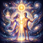 A glowing woman and man standing together with cosmic patterns, holding a lotus and a crystal ball in space