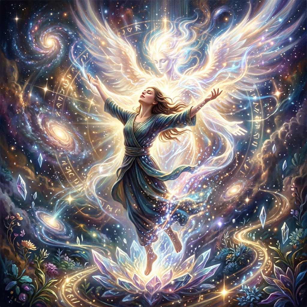 A woman in flowing robes surrounded by cosmic light with a glowing angel behind her