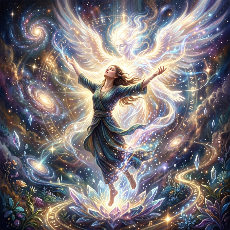 A woman in flowing robes surrounded by cosmic light with a glowing angel behind her