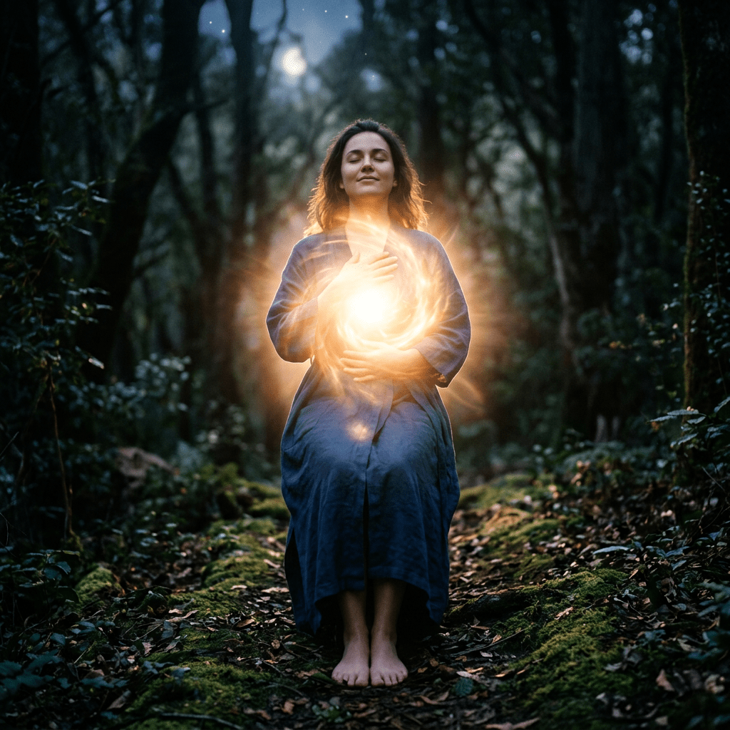 Woman sitting barefoot in forest meditating with glowing light orb at her chest