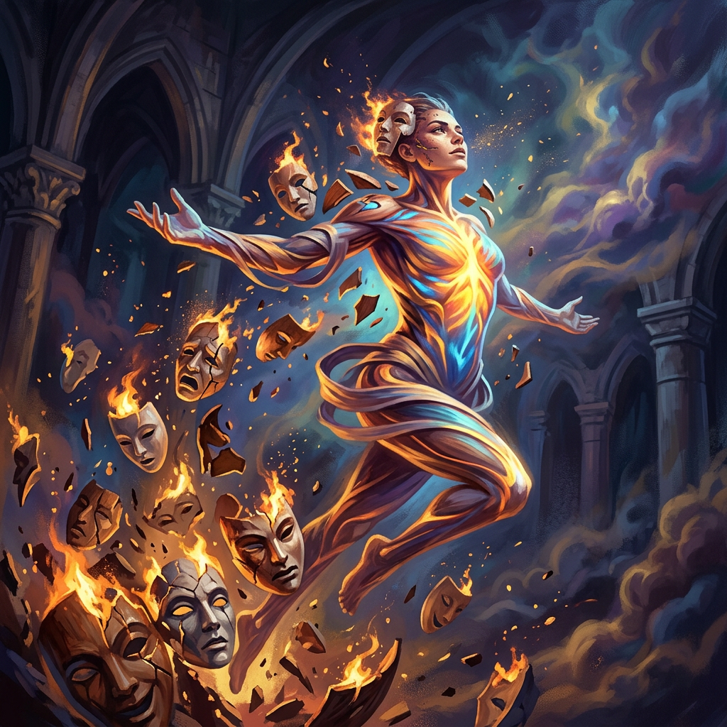 A glowing person ascending with burning cracked masks falling off