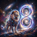 A lion standing on a rocky surface with stars and galaxies in the background beside a bright infinity-shaped nebula.