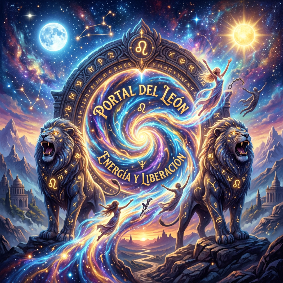 Two luminous lions with astrological symbols flanking a cosmic portal with swirling energy and floating human figures