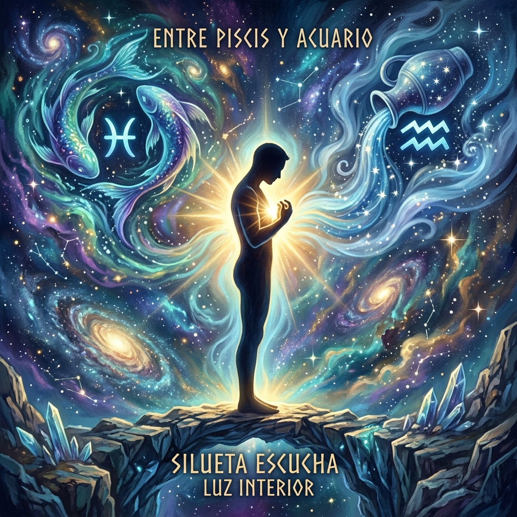 Silhouette glowing with light between Pisces fish and Aquarius water bearer zodiac signs