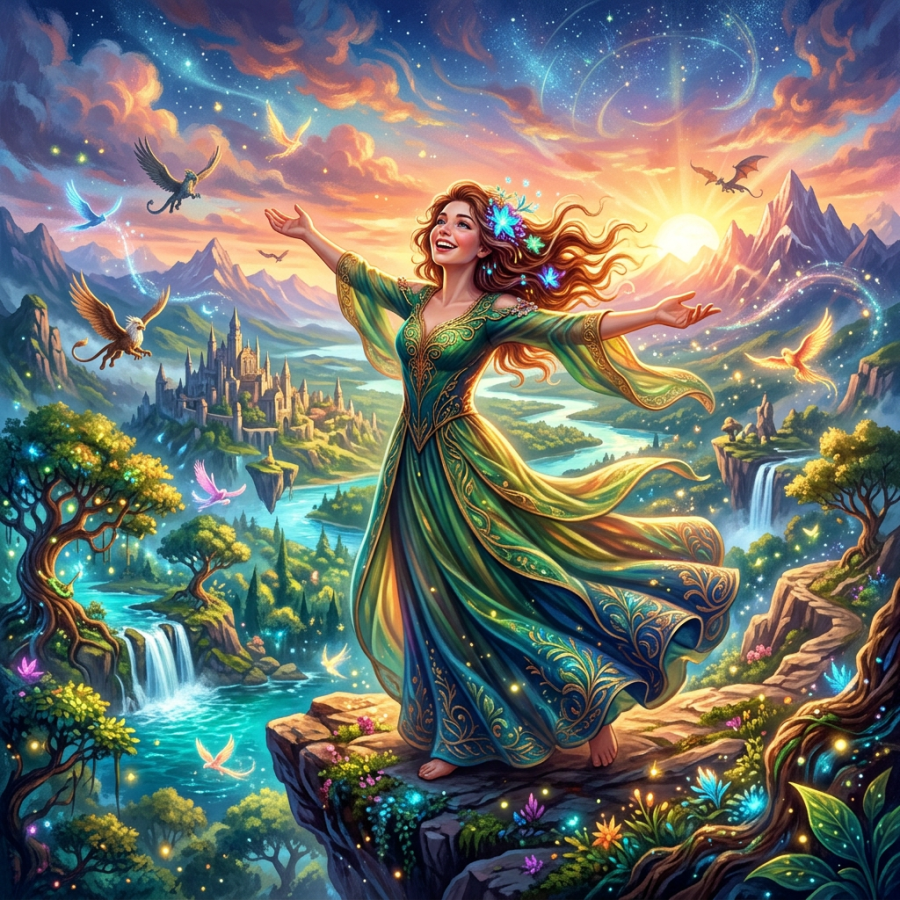 A woman in an ornate green dress stands on a cliff surrounded by magical creatures and a fantasy landscape.