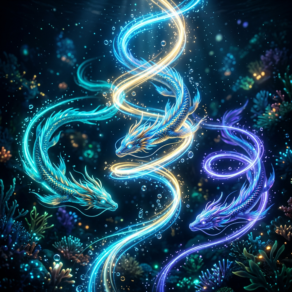 Three glowing dragons swimming through a colorful underwater coral garden