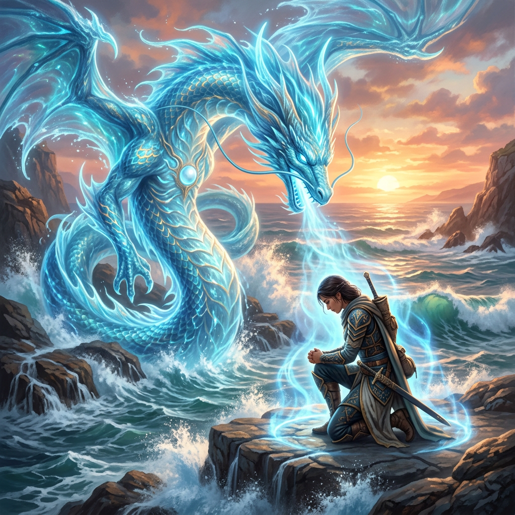Kneeling warrior faces a glowing blue sea dragon among crashing waves