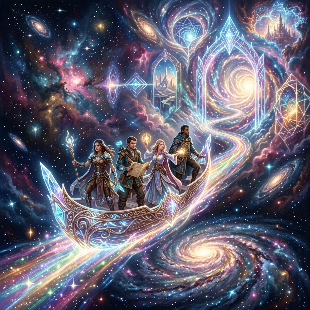 Four adventurers sailing a glowing ornate vessel through cosmic portals and galaxies