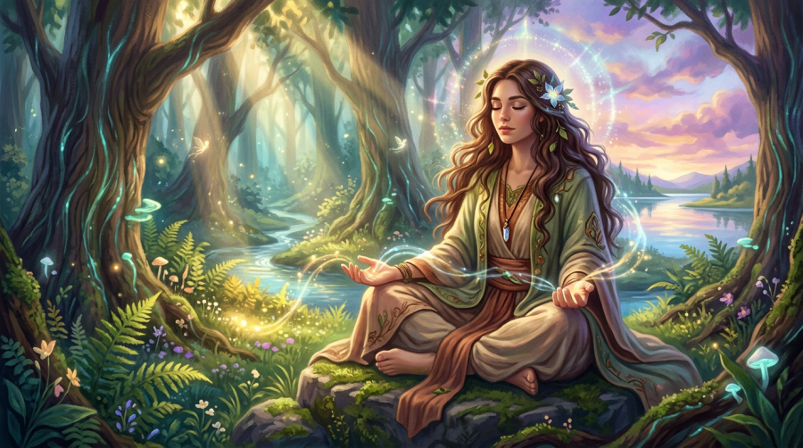 Woman meditating among glowing plants beside a forest stream and lake