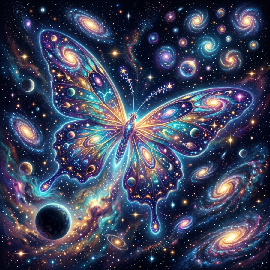 Luminous butterfly with galaxy-filled wings surrounded by stars and spiral galaxies